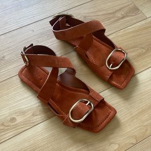 Zara Buckled Flat Leather Wrap Around Sandals